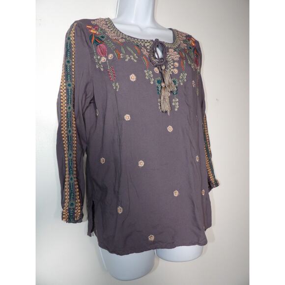 Solitaire Tunic Blouse Womens Large Gray Embroidered Boho Hippie Tassel Keyhole - Picture 3 of 13